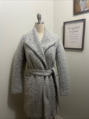 Express Light Gray Belted Wool-Blend Wrap Trench Coat